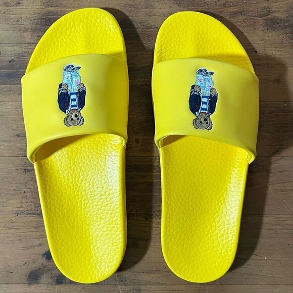 Polo Ralph Lauren BIG POLO BEAR Pool Slides Sandals Yellow Mens Size 15 - Picture 1 of 4